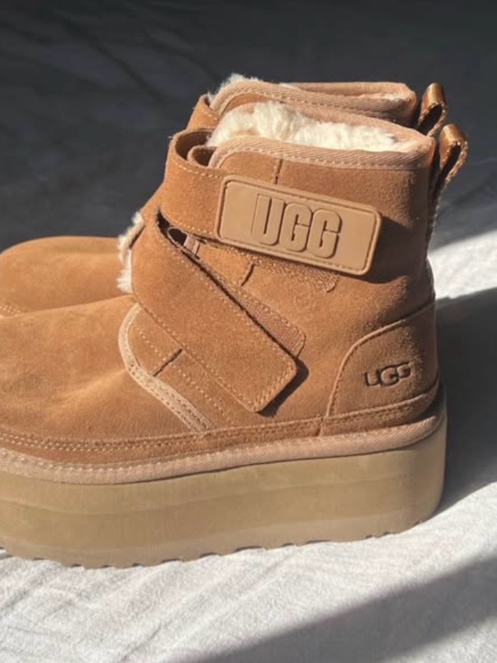 UGG Chestnut Suede Shearling Platform Ankle Boots